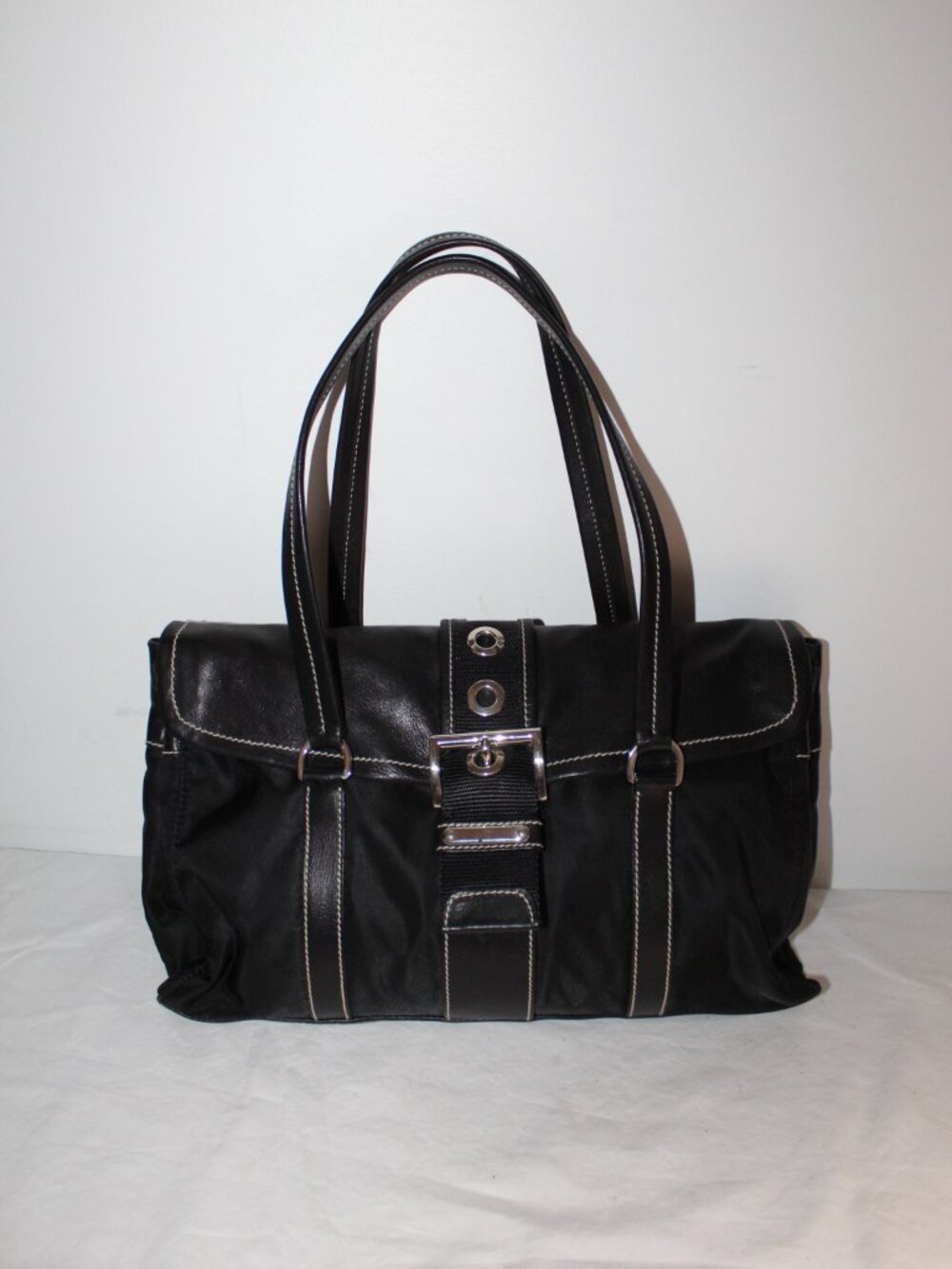 Prada Triangle Logo Tessuto Nylon Leather Shoulder Bag Black Buckle Flap Vintage
